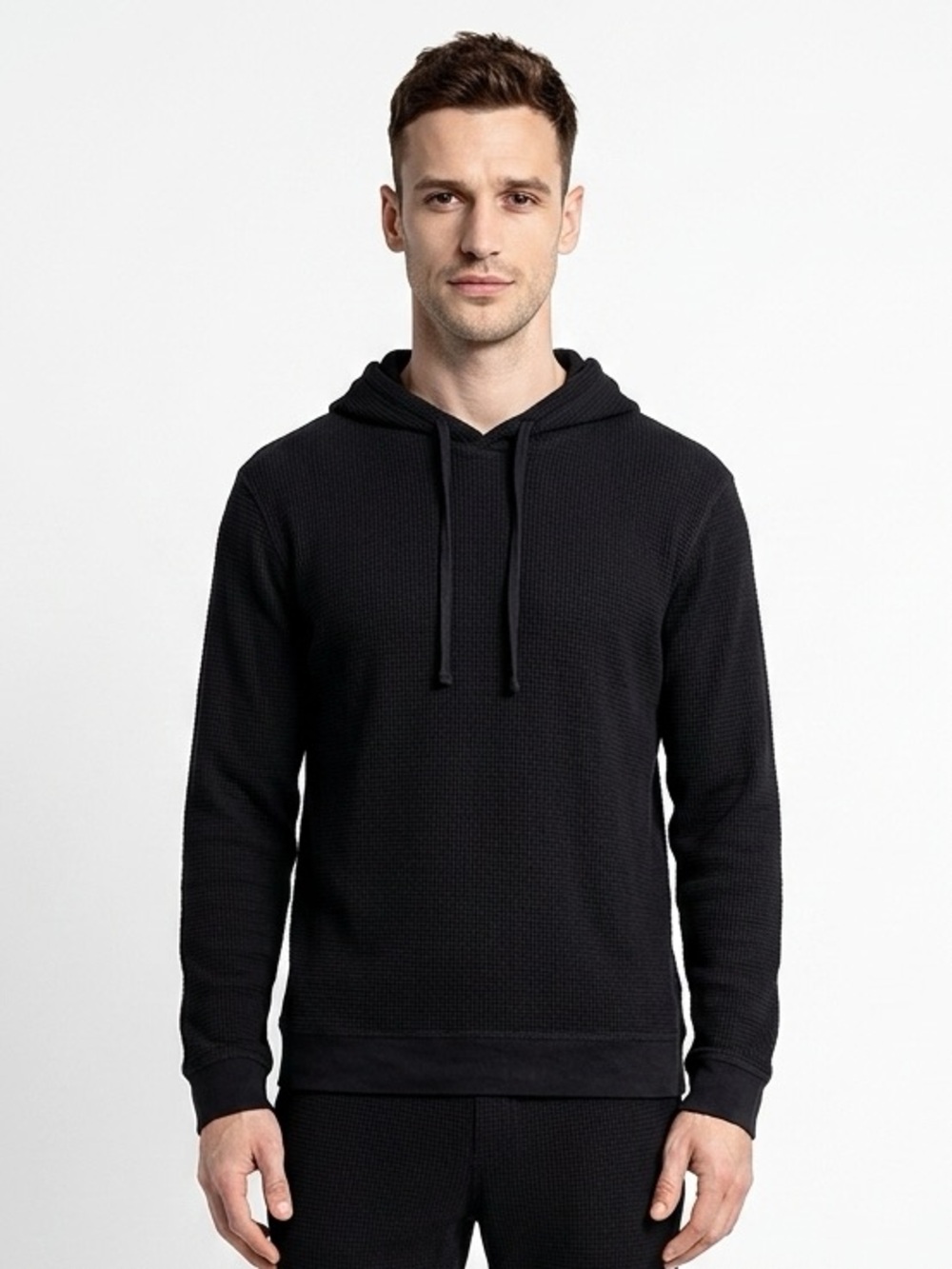 Vince Black Waffle-Knit Hooded Pullover men's
